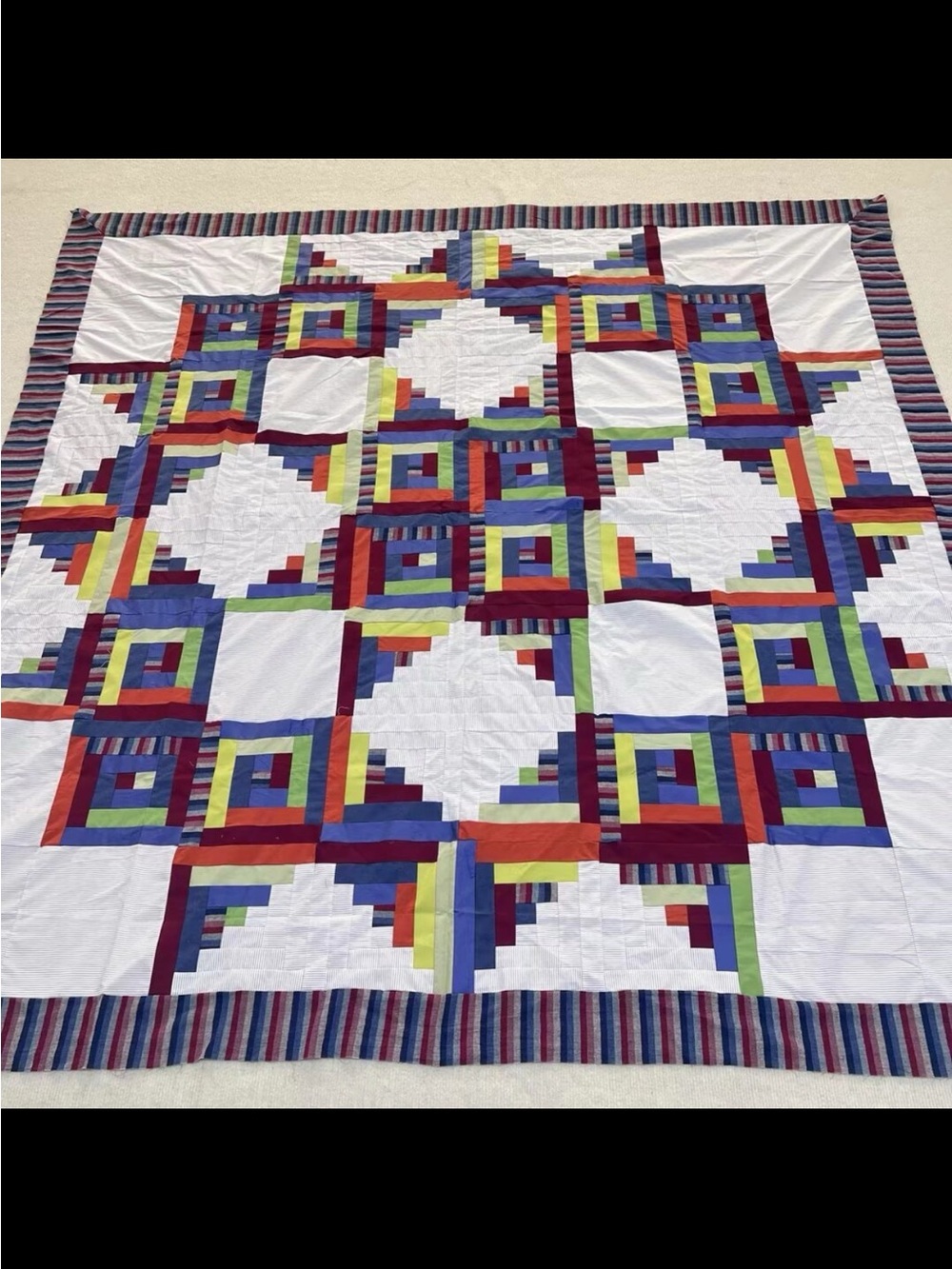 Handmade Star Log Cabin Patchwork Cotton fabric Queen size Quilt Top/Topper